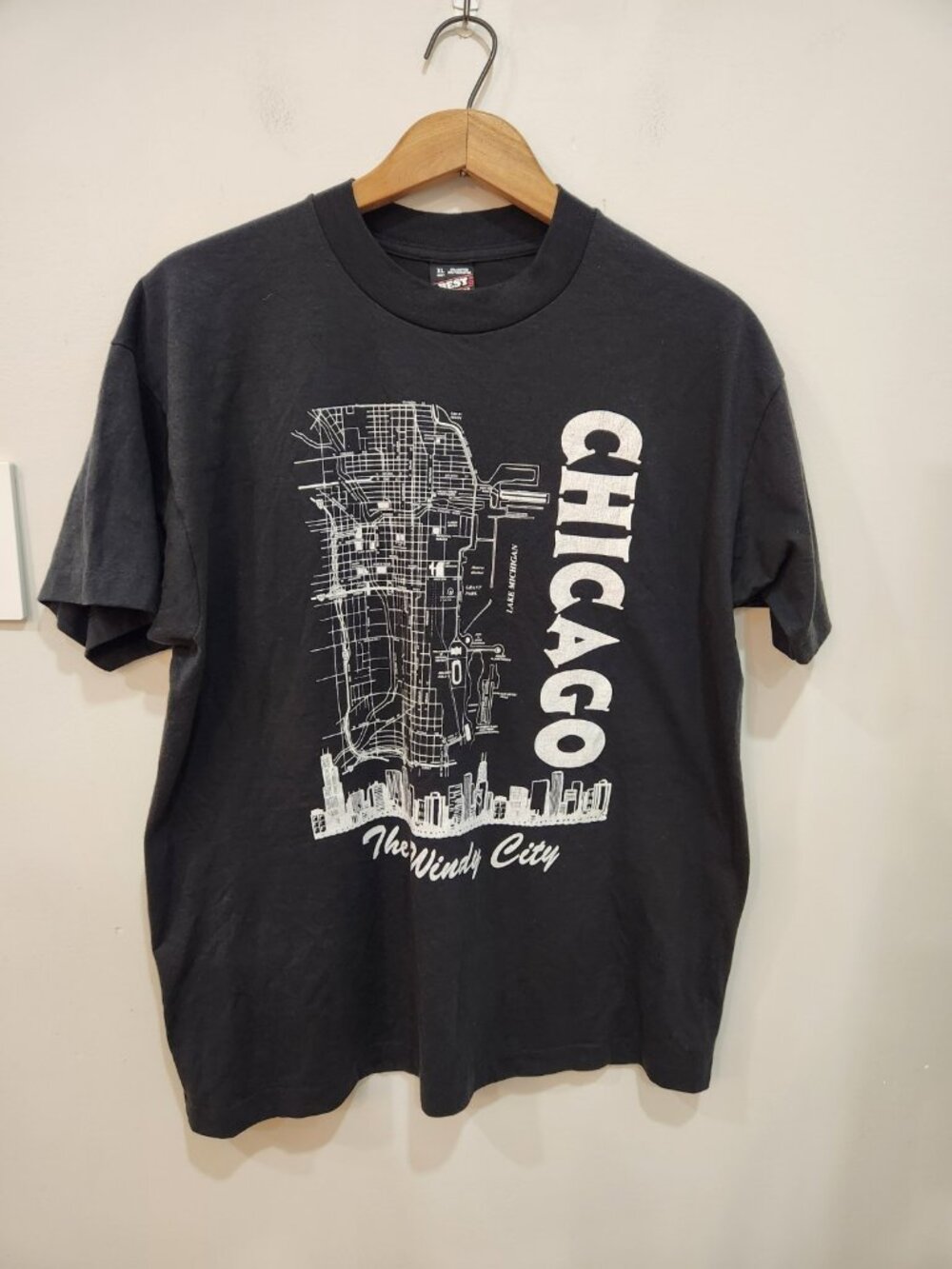 VTG Fruit of the Loom Best T Shirt Mens XL Black Chicago City Map Single Stitch
